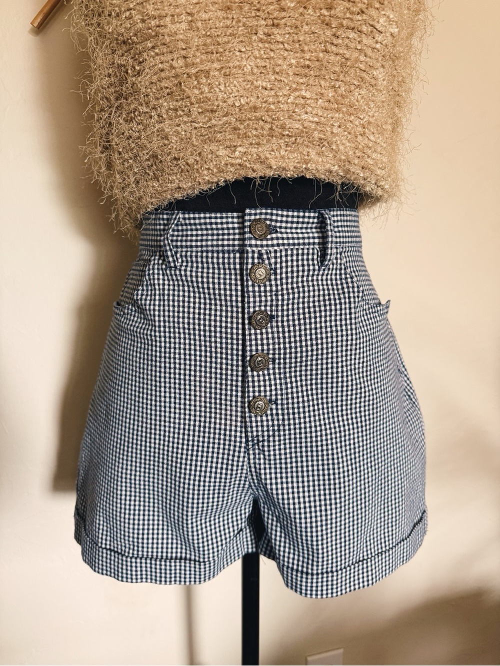 Express Navy and White High-Waist Gingham Button-Front Shorts